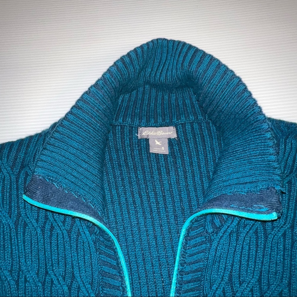 Eddie Bauer Women’s Teal Cable Knit Long Full Zip Sweater. Sz S - Picture 12 of 13